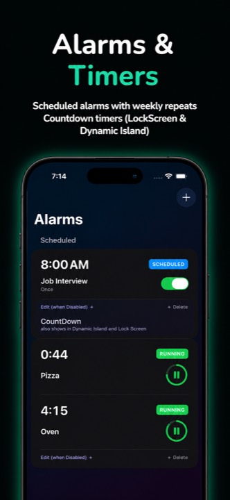 The Alarms tab with scheduled alarms and a running countdown timer
