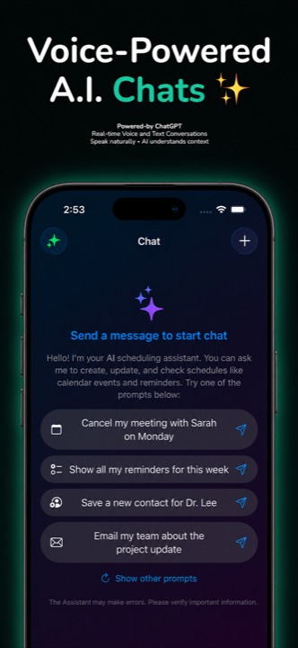 The Chat tab: a spoken request being turned into a scheduled event