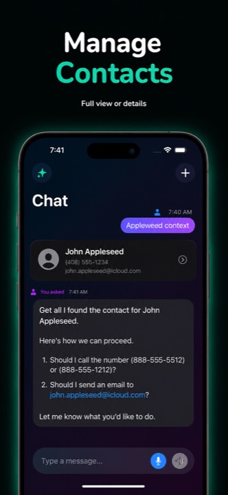 A contact card returned in chat, with call, message and email actions