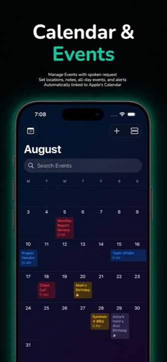 The Events tab showing a zoomable month grid with colour-coded calendars