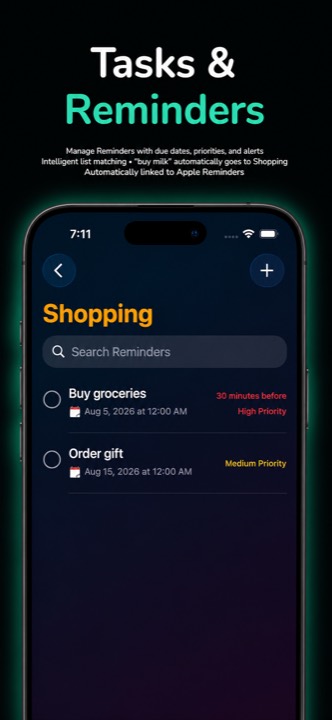 The Reminders tab with reminders filed into colour-coded lists