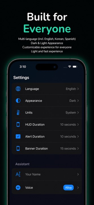 The Settings tab with language, appearance and assistant voice options