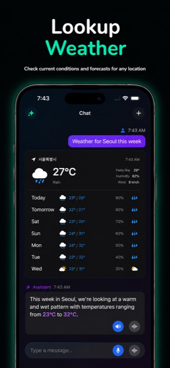 A weather card with current conditions and the coming days