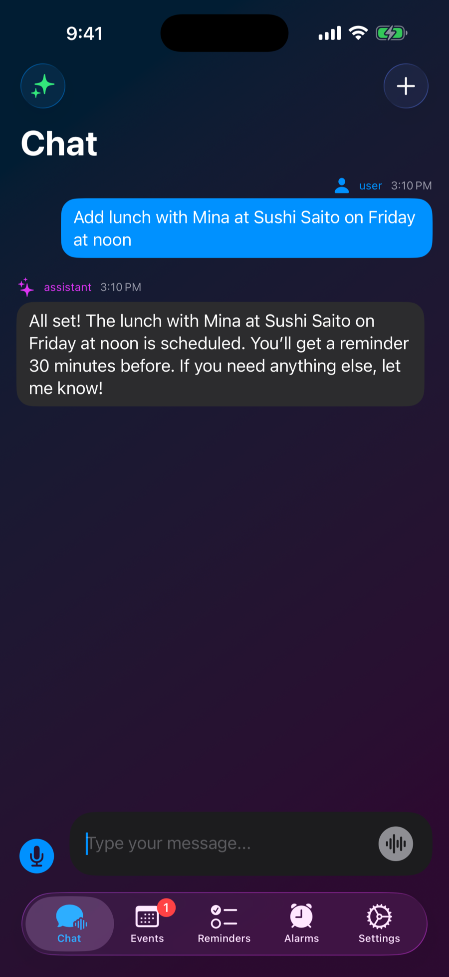 Schedule Assistant chat: a typed request instantly becomes a calendar event
