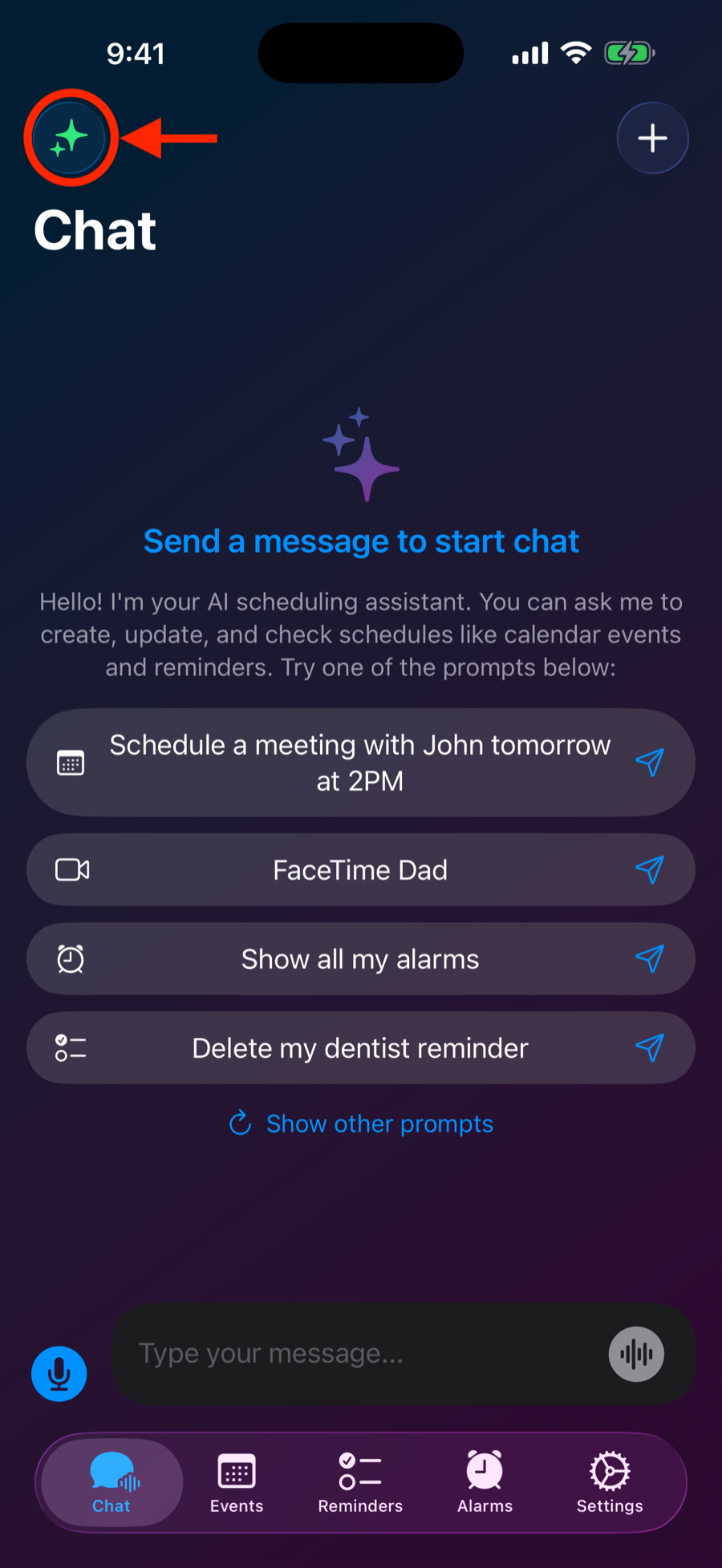 The Chat tab with the sparkle connect button highlighted in the top corner