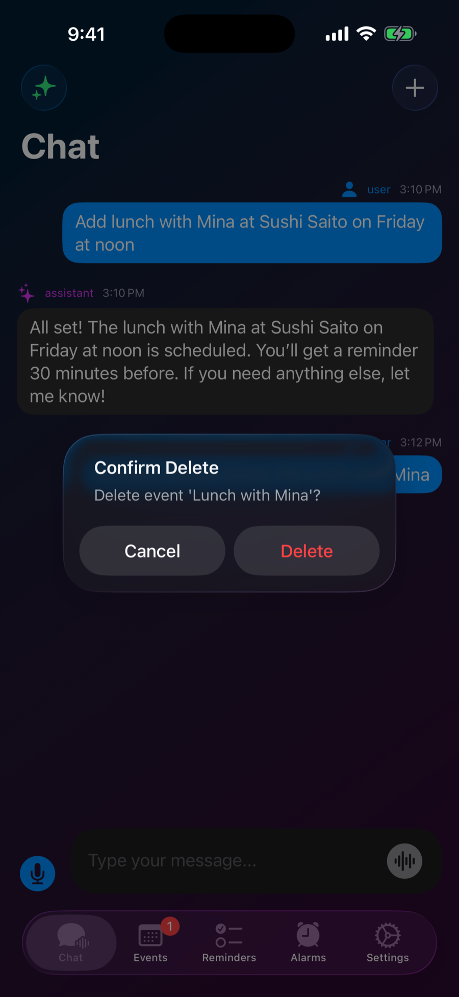 A confirmation dialog asking before deleting an event